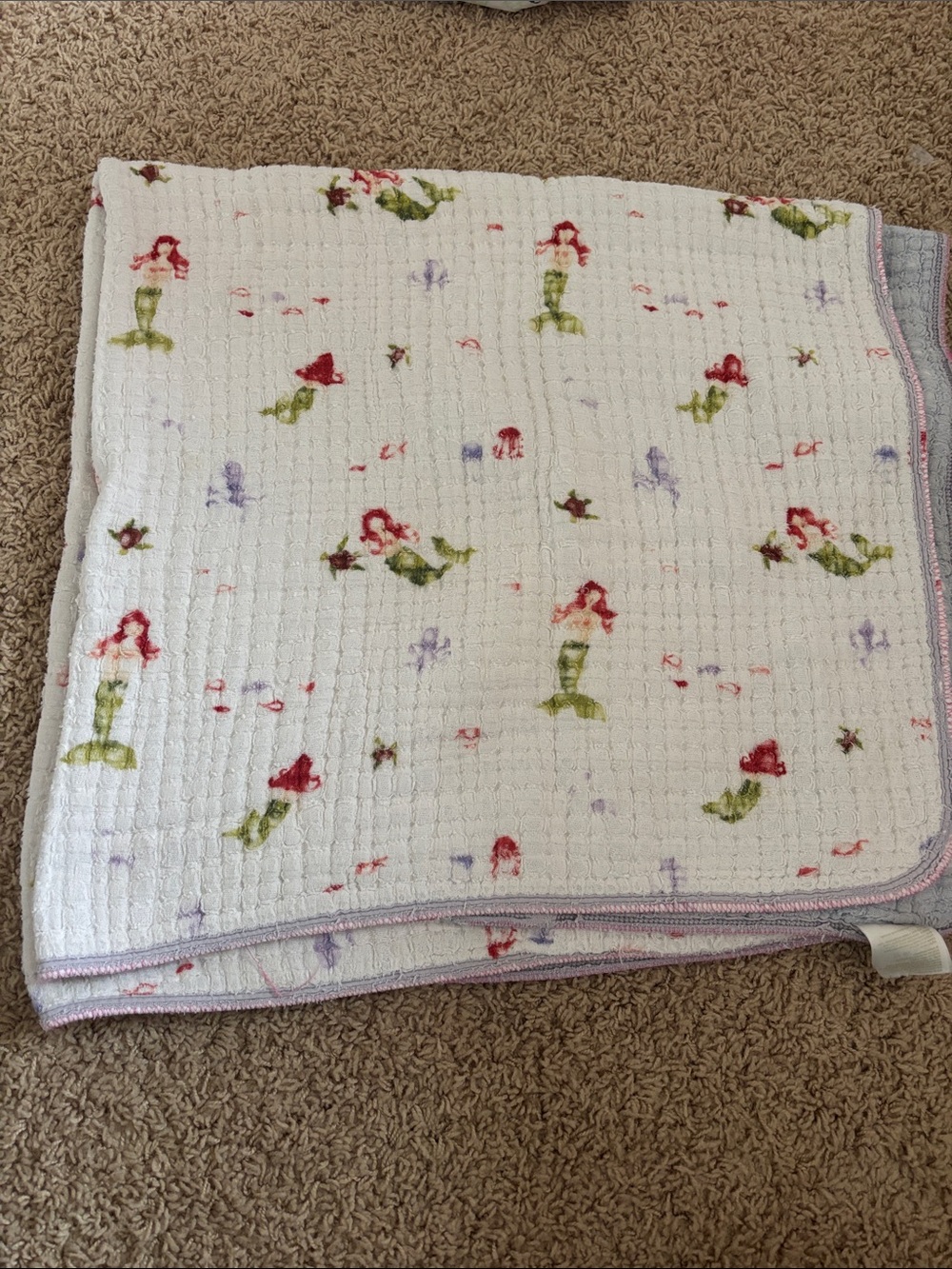 White Kids Blanket with Red & Green Mermaid Print
